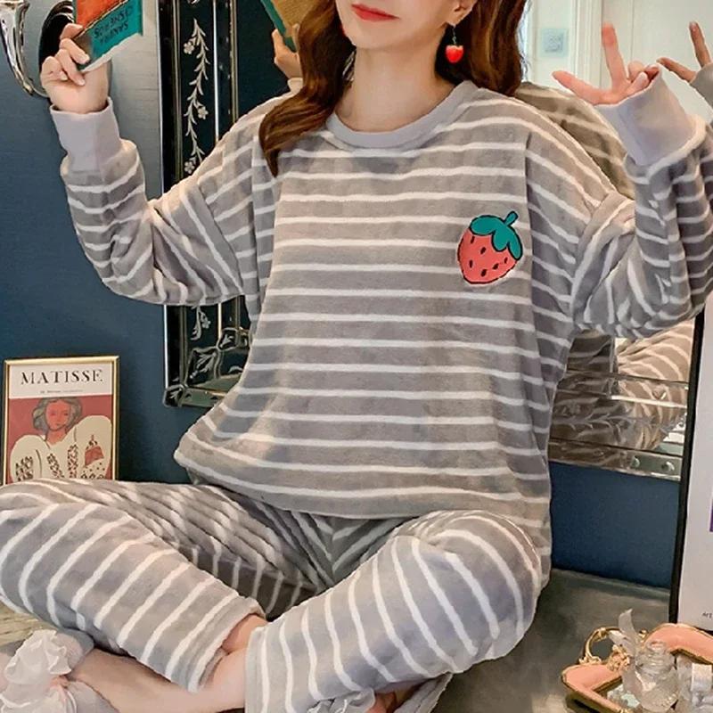 Winter Women Flannel Pajamas Polar Bear Print Teddy Sleepwear Velvet Loungewear Thick Warm Pijamas