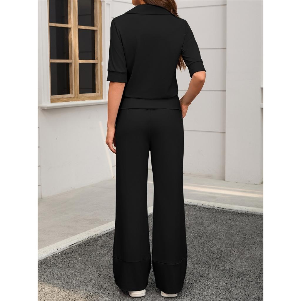  Комплект из 2 предметов. Женские повседневные брюки с короткими рукавами и лацканами, эластичные, широкие.