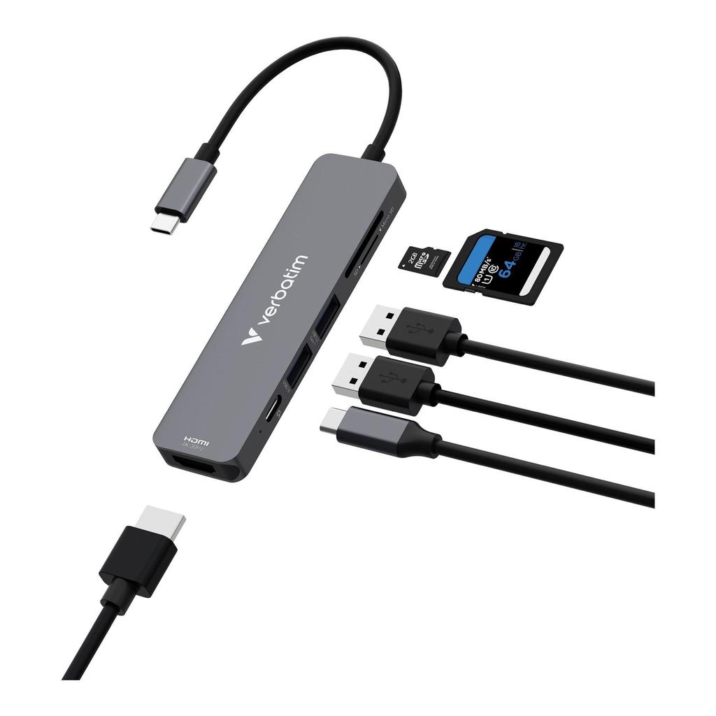 Verbatim Multi Port Essentials USB Hub USB-C PD, USB-A 3.0, USB-A 2.0, HDMI, SD/microSD