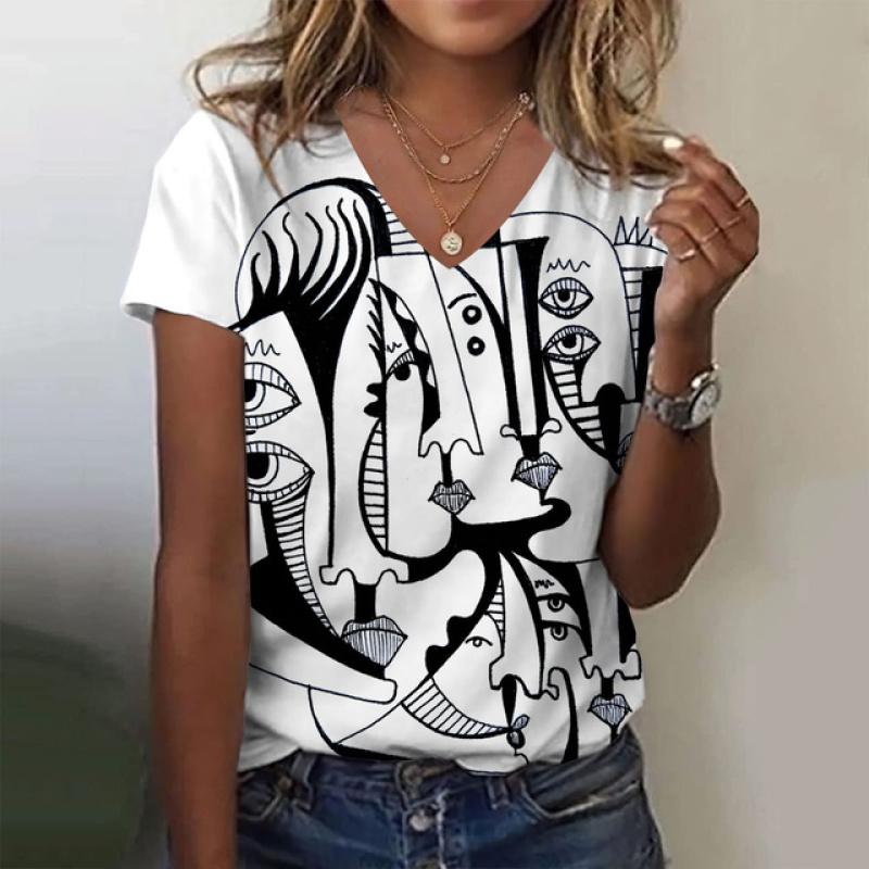 New Women T Shirt Abstract Painting Print Funny Clothes Women Short Sleeve T Shirts Y2k Streetwear Summer Oversized Clothing