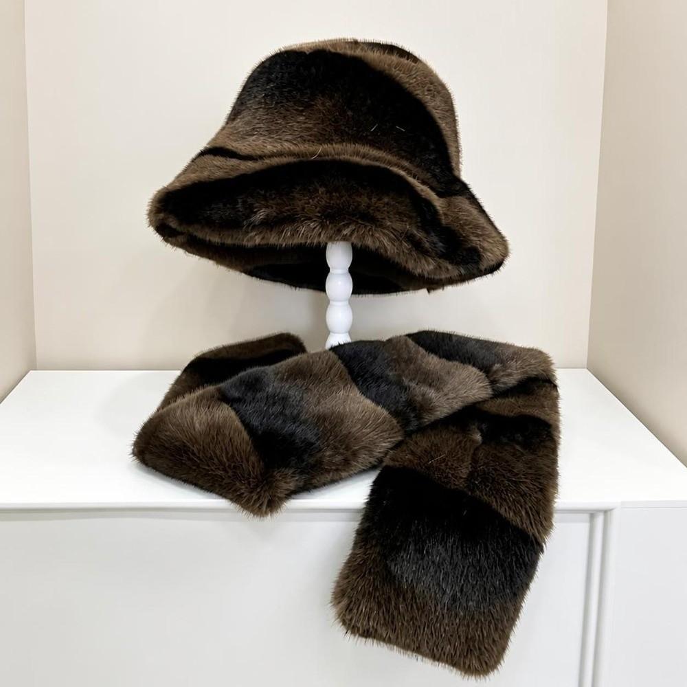 Double-Sided Faux Fur Hat Scarf Set Windproof Plush Hat Scarf Soft Bucket Hat Scarf For Women