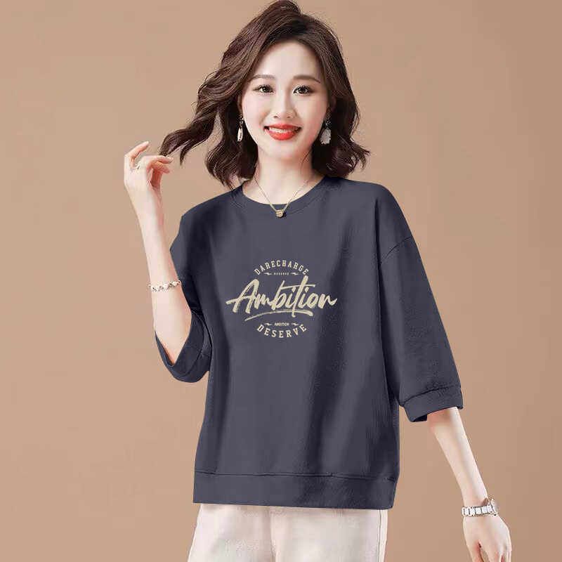 Foreign Trade Clearance 100% Cotton round Neck T-shirt 3/4 Sleeve Loose Slimming Cover Meat Western Style Light Color Spring and Summer Women's Top