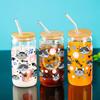Cute Cat Pattern 3d Print 16oz Glass Cup Mason Can Water Bottles With Bamboo Lid&Straw Drinking Glass Cup Soda Ice Coffee Cup