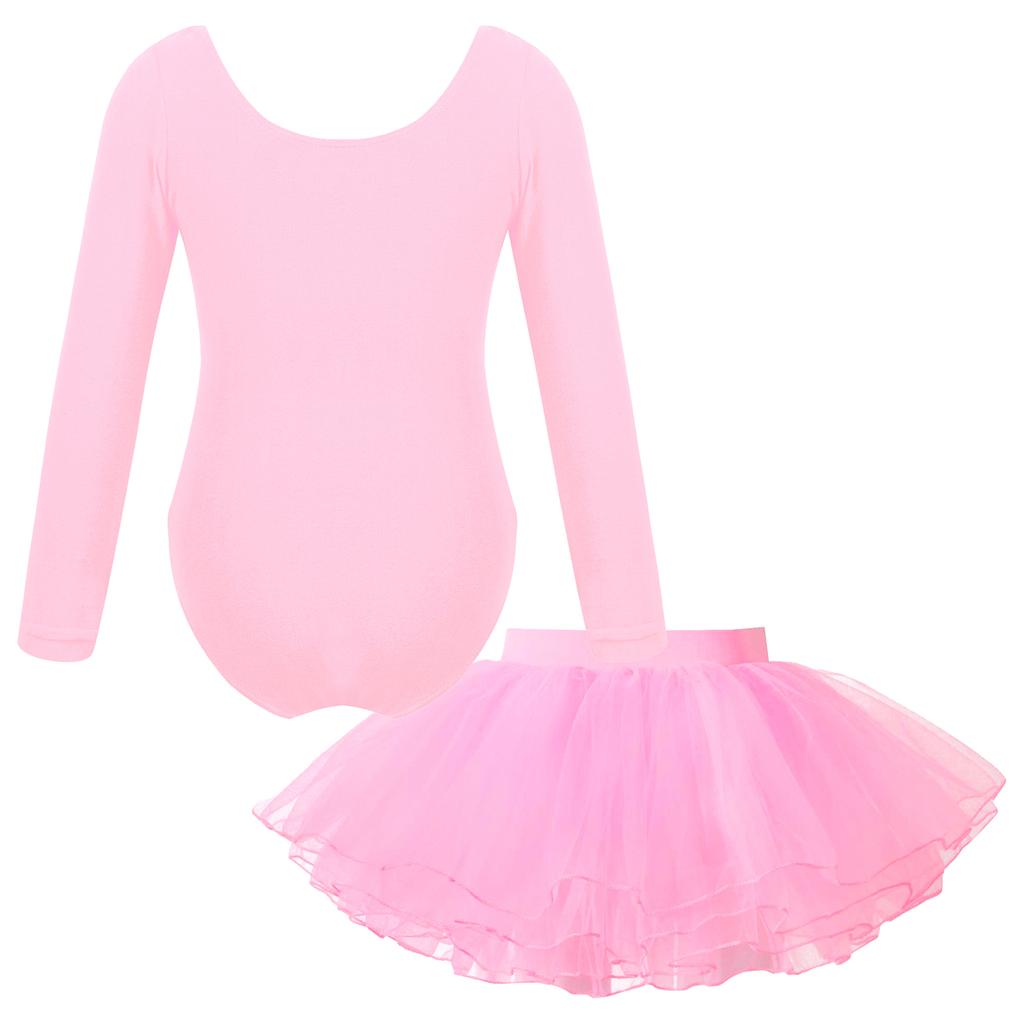 Girls Ballet Dance Wear Long Sleeve Round Neck Leotard Elastic Waist Tutu Layered Skirt Performance Outfit