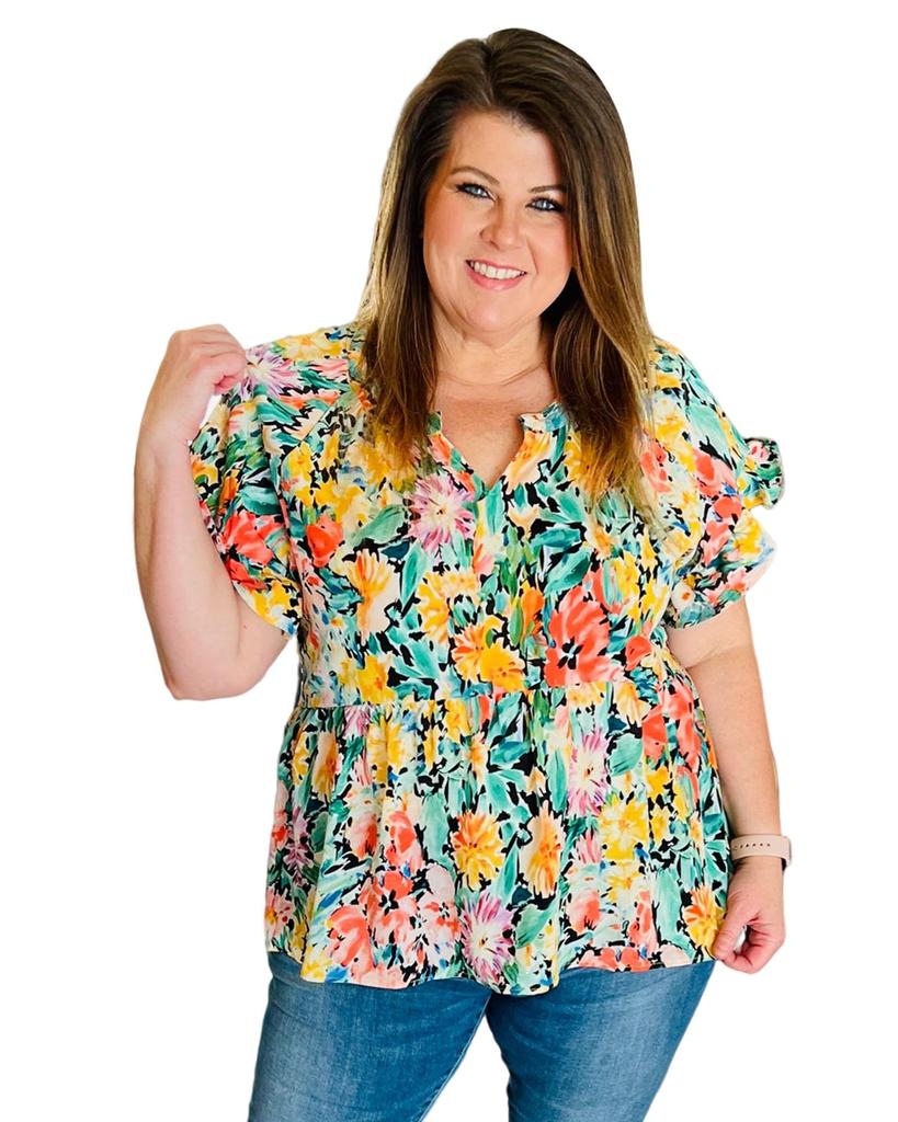 Azura Exchange Блузка с цветочным принтом и оборками на коротких рукавах