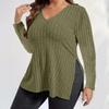 Spring and Autumn Solid Color Plus Size Women's Top V-Neck Long Sleeve Pit Split T-Shirt Slim Pullover