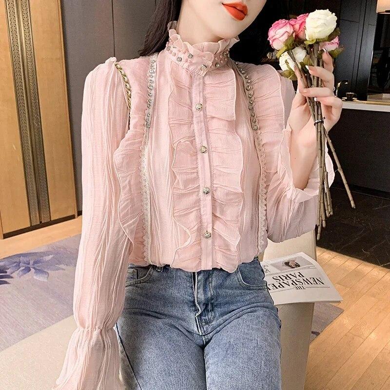 2023 плиссированная блузка с простыми оборками и кружевной рубашкой, расклешенная блузка с длинным рукавом и воротником-стойкой, женская мода, элегантные топы 30049