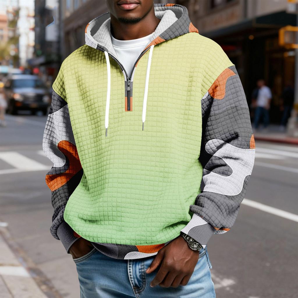 Мужской худи-пуловер в клетку с капюшоном на молнии до середины, со шнурком и принтом, повседневная спортивная толстовка