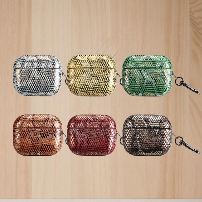 Snake Texture Leather Earphone Case for Airpods 4 3 Non-slip Protective Cover for Airpods Pro 2 1 Shell with Hook Accessories