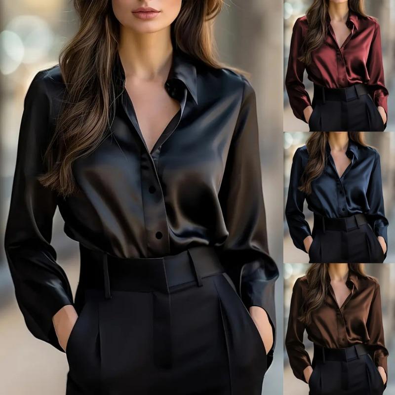 Women S Long Sleeve V Neck Button Down Solid Color Elegant Blouse