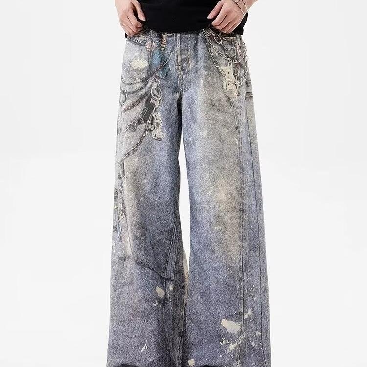Printed Baggy Jeans Men Women Casual Baggy Straight Denim Pants High Street Wide Leg Y2K Blue Jean
