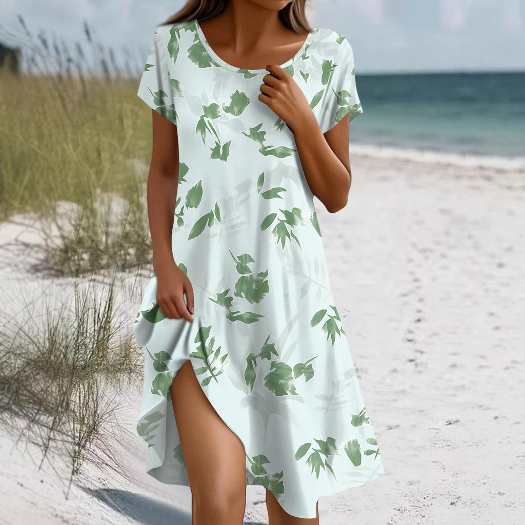 Short Sleeve Boho Dress For Women Casual Loose Fit Summer Sundress Floral Print Dress With Pockets