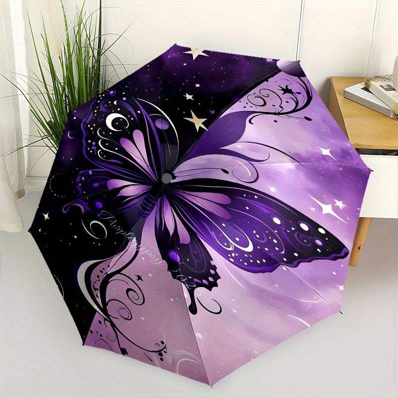 Butterfly, Cosmic Automatic Folding Umbrella 8 Ribs, Durable Iron Frame, Bright Color Pattern Compact Travel Umbrella, Suitable for Outdoor