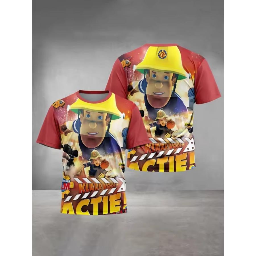 Детская стильная футболка с 3D цифровой печатью и рисунком пожарного, с коротким рукавом и круглым вырезом, повседневная