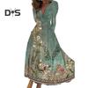 Women Elegant Floral Print Maxi Dress V Neck Long Sleeve High Waist Gown Dress A Line Long Dress Streetwear