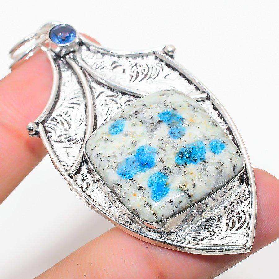 K2 Blue Azurite, Blue Topaz 925 Sterling Silver Jewelry Pendant 2.84" V2E25