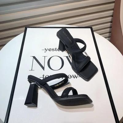 Модные туфли на высоком каблуке женские квадратный каблук роскошные шлепанцы блок 2025 лето мягкие дизайнерские плоские резиновые тканевые