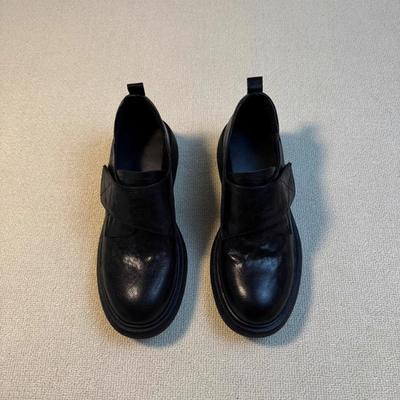 Женские туфли из овчины в стиле ретро на толстом каблуке, на липучке, универсальные, с круглым носком, кожаные, на одной педали