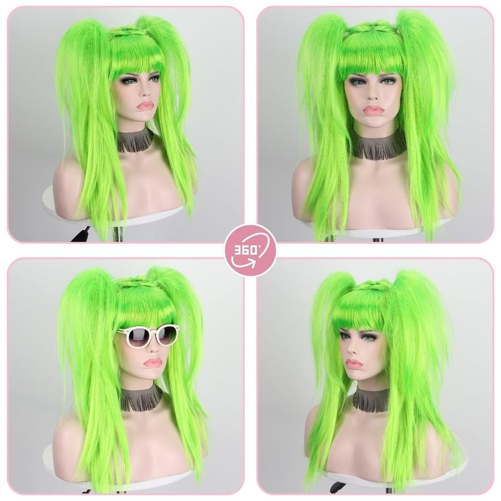 Green Neat Bangs Double Ponytail Synthetic Wig Short Medium Straight Hair Free Switching Stylish Wig for Various Occasions