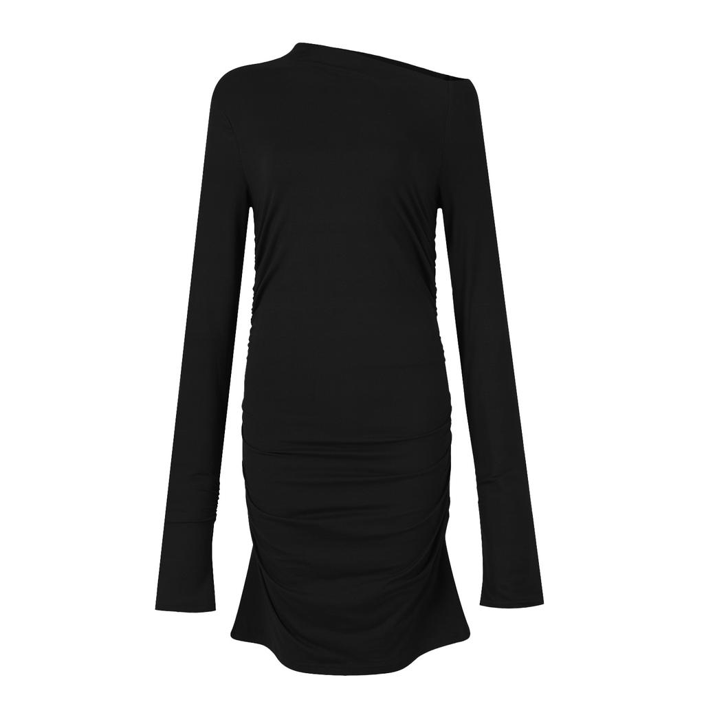 Модное женское повседневное сплошное цветное сексуальное плиссированное платье с длинными рукавами и круглым вырезом