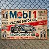 2D Flat, Vintage Mobil 1 Racing Motor Oil Metal Tin Sign - Rustic Iron Wall Art with Classic Car Design, Red & White Retro Decor