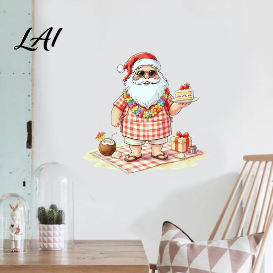 Festive Home Decor Christmas Picnic Santa Claus Wall Sticker Waterproof PVC Plaid Decal Mural Decals with Cake Design Removable Art for Holiday