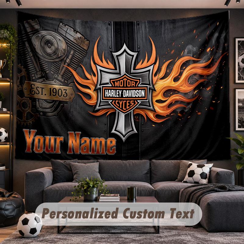 Wall Hanging Tapestry Custom NameHarley-Davidson Pattern Personalized Printed Fabric Wall Decor