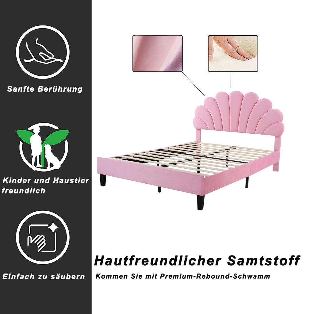 Upholstered Double Bed 140 x 200 cm, Frame with Flower-Shaped Headboard and Slatted Frame, Adult-Youth in Skin-Friendly Velvet Fabric, Guest Bed Pink