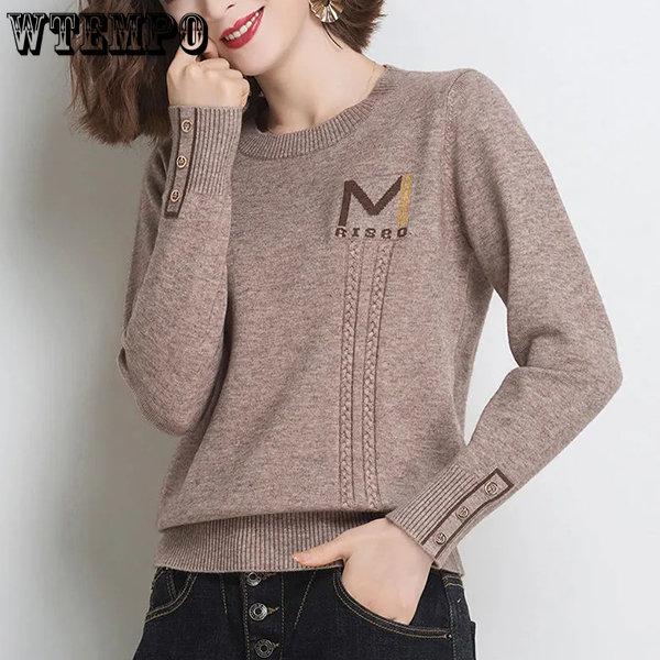 WTEMPO Женские вязаные пуловеры на весну и осень, универсальные однотонные свитера с длинными рукавами, топы с круглым вырезом, джемперы, трикотаж