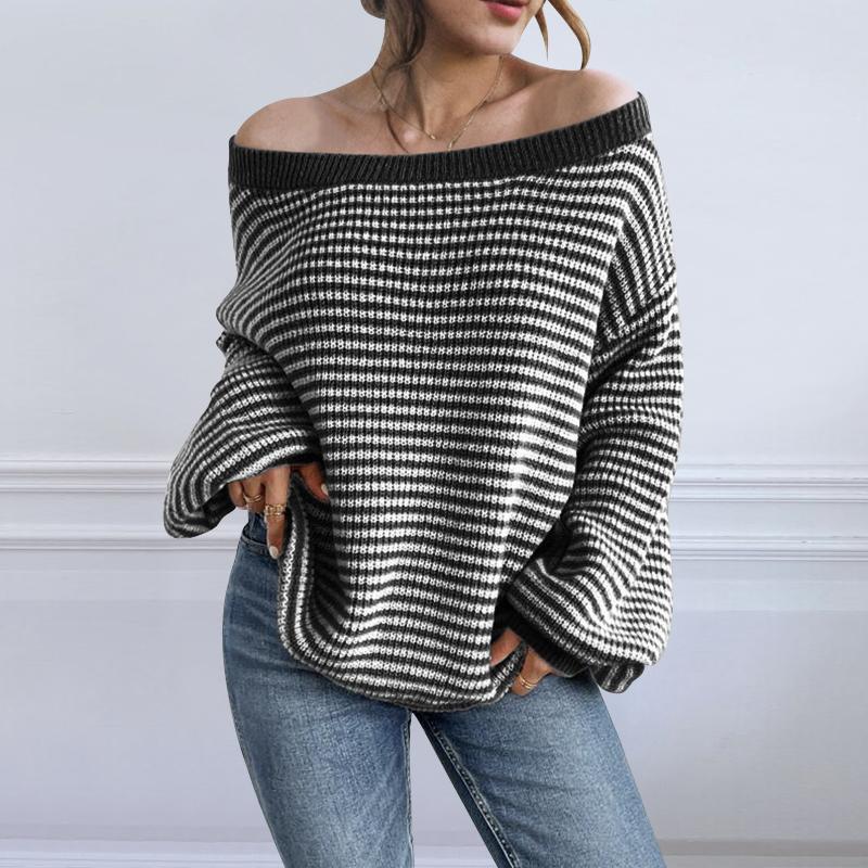 VONDA Женские осенние пуловеры и джемперы с открытыми плечами, длинными рукавами и полосатым узором