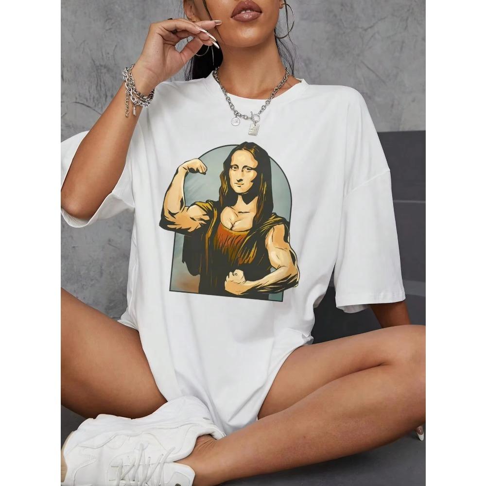 Summer Clothing Playing with Mona Lisa Fitness Print Women's T-shirt Loose Casual T-shirt Cotton Loose Street Style Retro