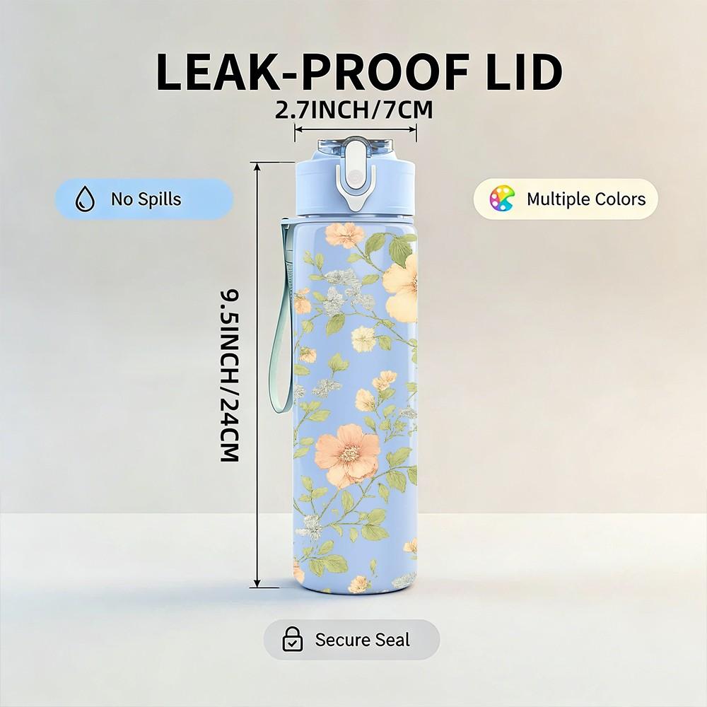 1PC Soft Floral Vintage Print 750ml Color Plastic Sports Water Bottle Leakproof Flip Straw Lid Suitable for Sports Office Home Use