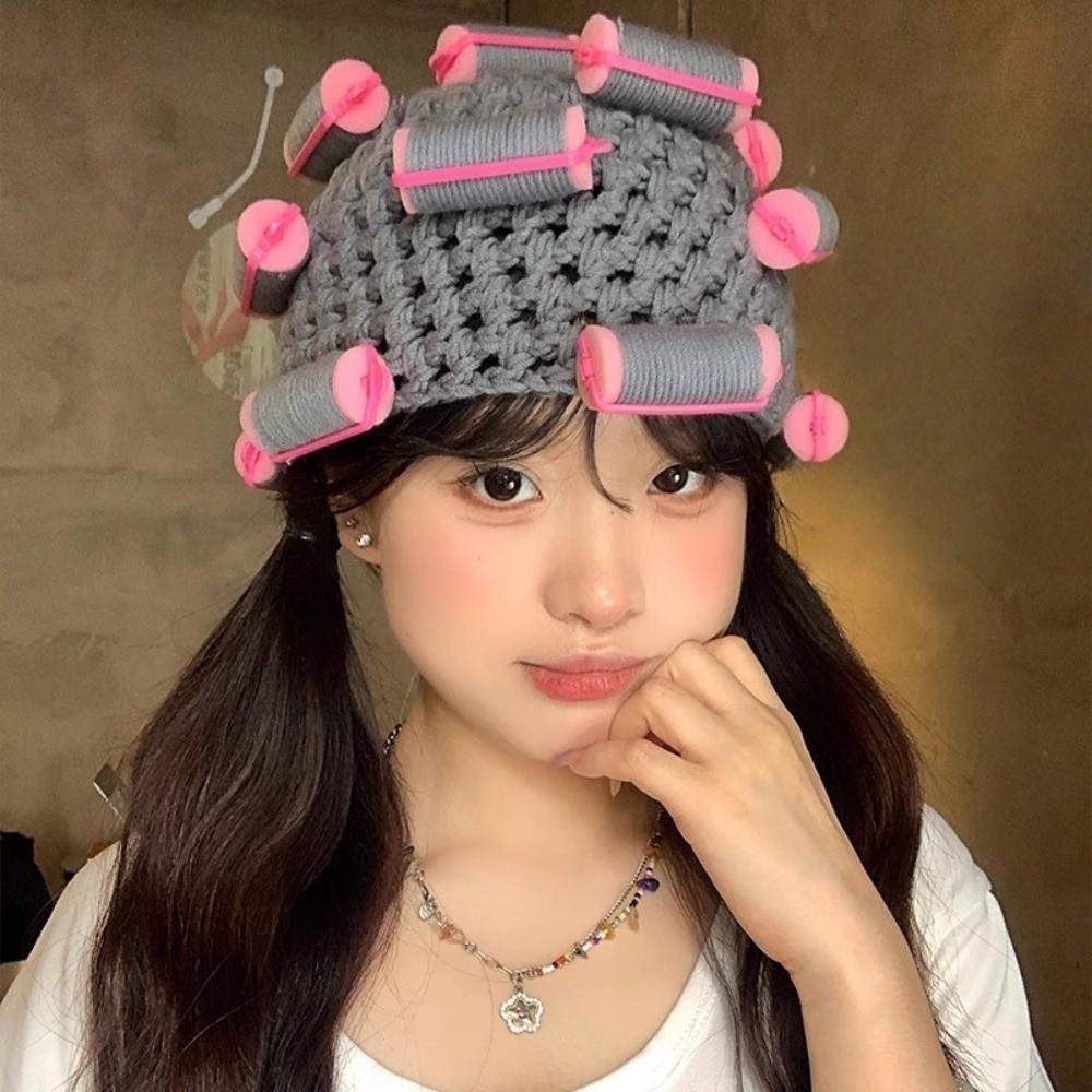 Thick Hair Curler Knitted Hat Soft Curly Hair Yarn Beanie Creative Pullover Cap  Outdoor