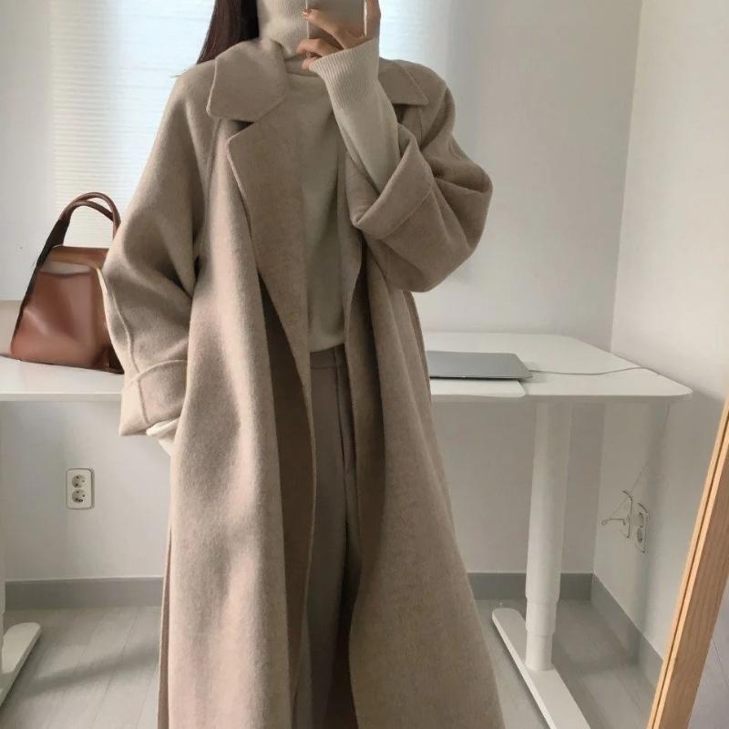 Long Wool Blend Jacket For Woman 2023 Solid Color Coat Batwing Korean Winter Warm Loose Overcoat Mujer Snow Wear Long New Jacket