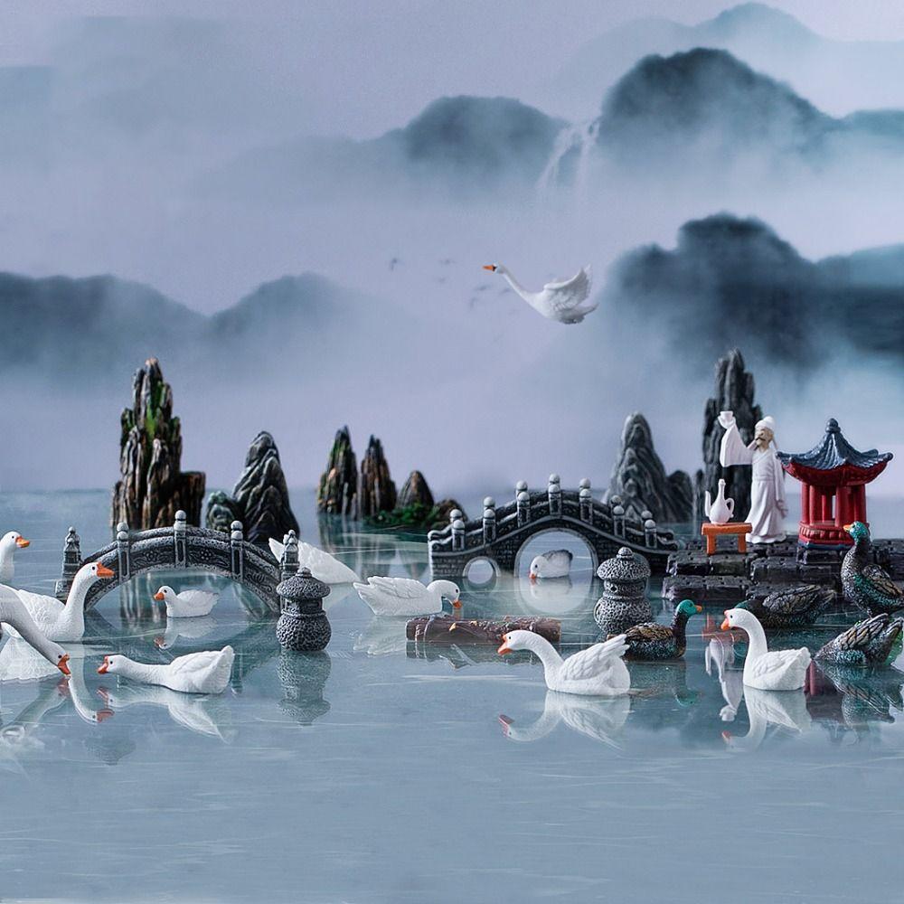 Decorative Rockery Pavilion Bridge LIfelike Simulation Goose Micro Landscape Ornaments Resin White Duck Statue Fairy Garden