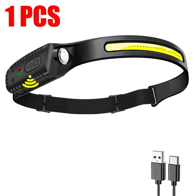 Светодиодный налобный фонарь с датчиком COB, USB-перезаряжаемый фонарь со встроенным аккумулятором, 5 режимов освещения, Налобный фонарь, Наружный, Аварийный, Рабочий фонарь