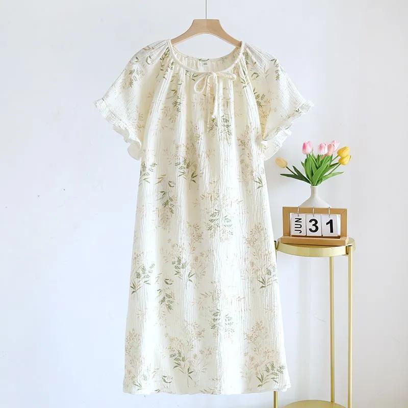 Женская легкая летняя ночная рубашка с коротким рукавом: Простое, двухслойное, свободного кроя, дышащее платье длиной до колена