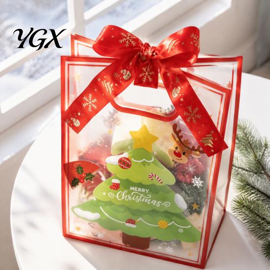 Holiday Party Gift Containers Christmas Bags with Handles, Reusable Clear PP Treat for Candy Apples Cookies, Favor Packaging Ribbon Bow Transparent