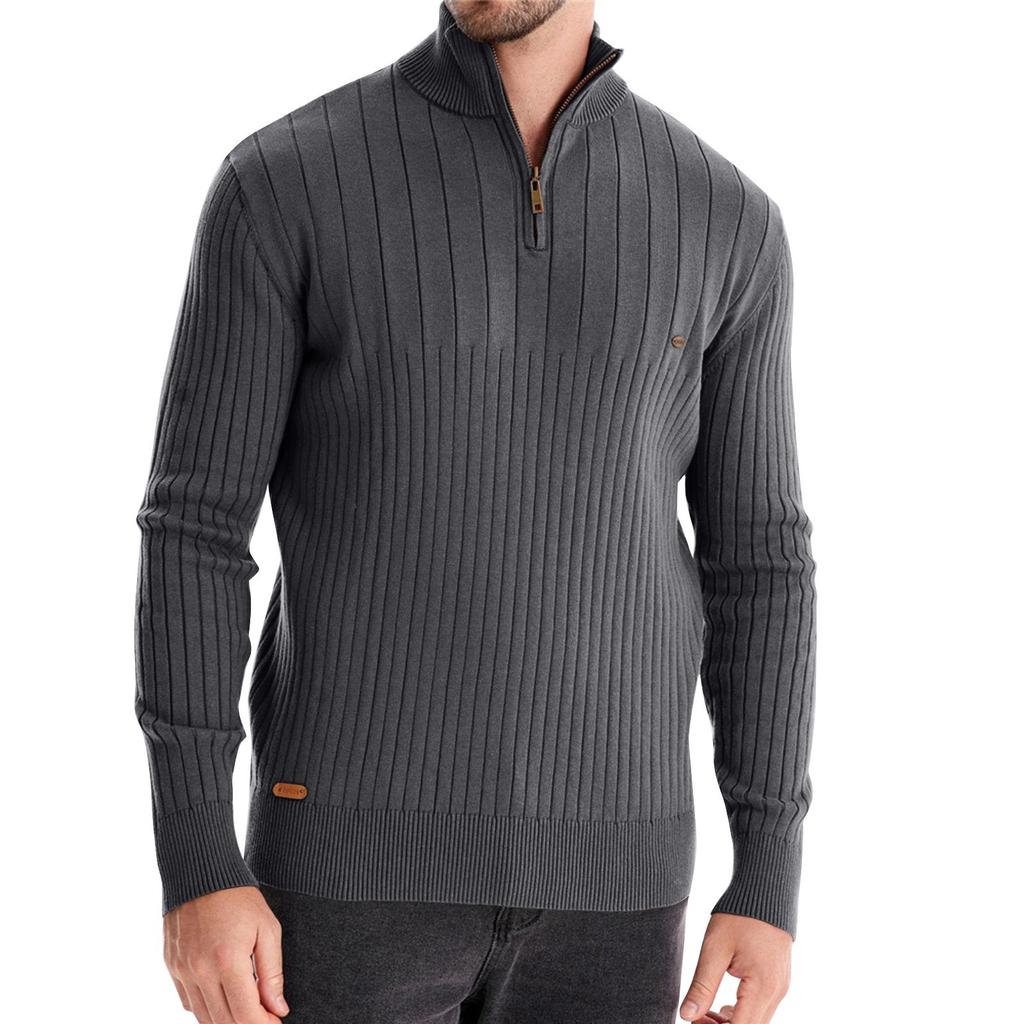 Men's Winter Solid Color Stand Collar Half Zipper Slim Fit Knit Long Sleeve Top
