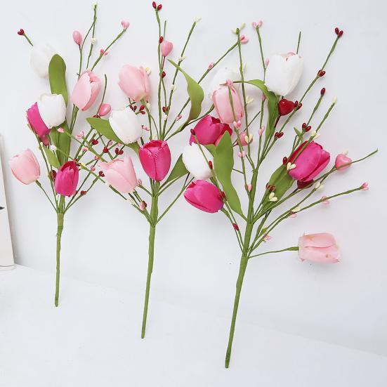 Valentine's Day Artificial Flower Faux Silk Tulip Stem with Pink White Red Heart Berries for Vase Centerpiece Wedding Home Decor