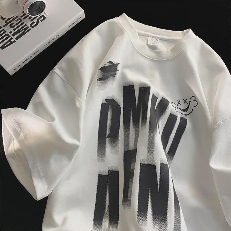 Мужская винтажная ретро-футболка с коротким рукавом: Свободный, модный, универсальный, тяжелый, с размытым дизайном букв для лета