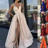 Lady Dress Side Slit A-Line Satin Sleeveless Spaghetti Straps Banquet Dress for Parties