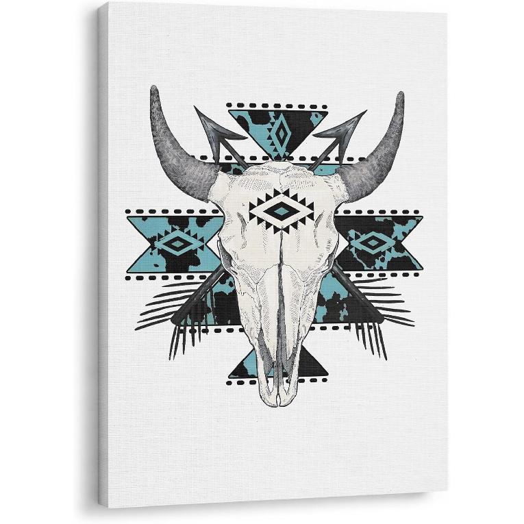 GTYNU Boho Aztec Western Cow Bull Skull Framed Canvas Wall Art Decor, Southwestern Wall Art Canvas Prints, Boho Bedroom Decor, Western Wall Decor for