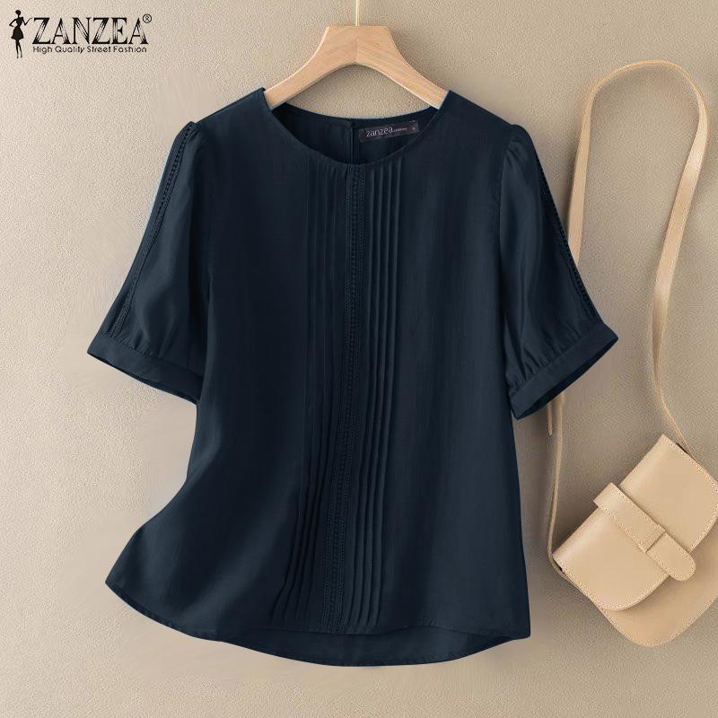 ZANZEA Женская летняя повседневная блузка с круглым вырезом и коротким рукавом