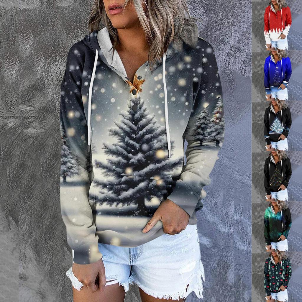 Женская модная толстовка с длинными рукавами и принтом рождественской елки и снежинок