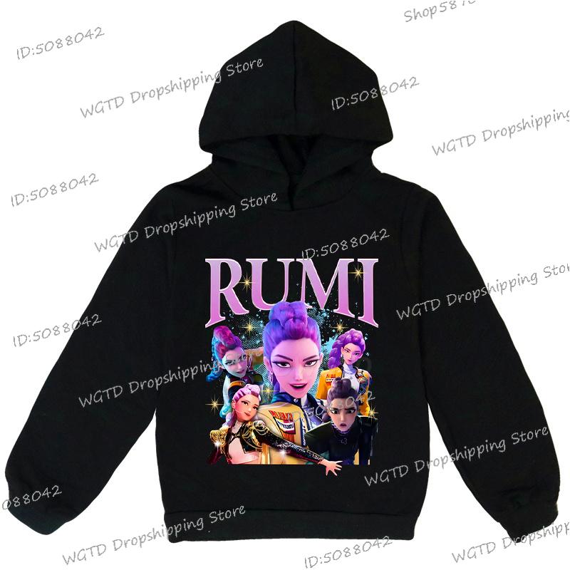 Худи с принтом Rumi из K-pop Demon Hunters для девочек-подростков, мальчиков, повседневное худи с длинным рукавом и капюшоном, в стиле хип-хоп, корейское аниме, худи Y2K для детей