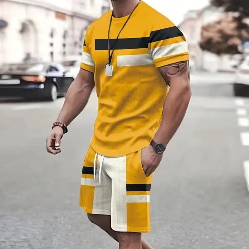 Летний уличный мужской костюм с короткими рукавами, повседневный, повседневный, модный, с короткими рукавами, для активного отдыха, спортивные шорты, новаторский полосатый принт