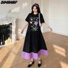 Plus Size Summer Dress Women Cotton O-Neck Dress Beach Flower Print Casual Spliced Pleated Loose Short Sleeve Long Dress