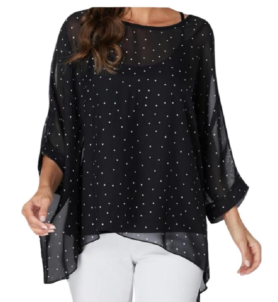 Sara Rose Chiffon Loose Summer Blouse with Sleeves Black Polka Women's Tunic, See-Through 3/4 (Free, Dots)