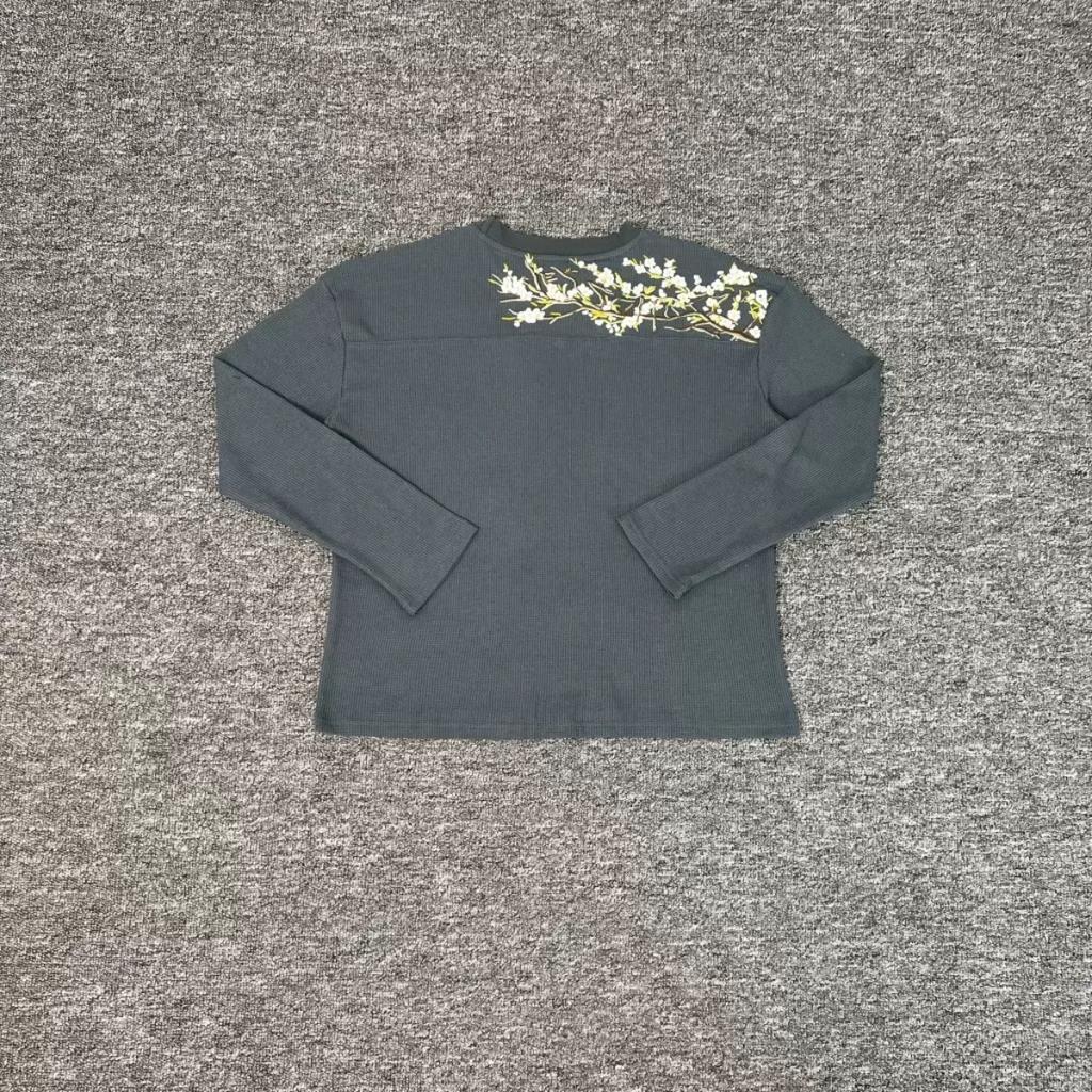 Вафельная футболка с длинным рукавом и вышивкой сакуры для мужчин и женщин, повседневная, свободного кроя, высокого качества, дышащая футболка, одежда